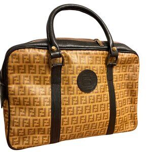 Fendi Boston Bag in Zucchino Coated Canvas and Black Leather Trim